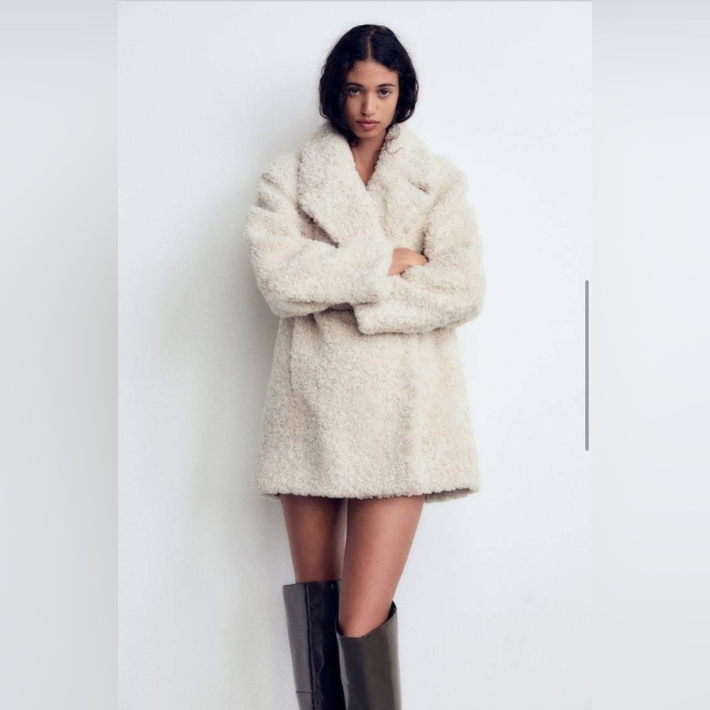 ZARA L Teddy Faux Fur Winter Coat NWT Oyster White